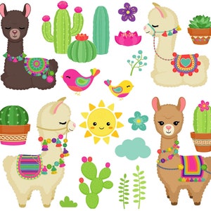 Könnte beinhalten: Ein Set mit bunten Lama-Illustrationen mit Kakteen, Blumen, Vögeln und einer Sonne. Die Lamas tragen bunte Decken und haben Quasten. Die Illustrationen sind perfekt für eine Party oder ein Bastelprojekt.