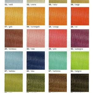 May include: A colour chart with 12 rows of 4 fabric swatches each. The swatches are numbered and labelled with the colour name in German. The colours range from white to black, with shades of yellow, orange, red, pink, blue, green, brown, and grey.