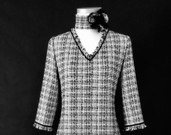 Black and white dress made of bouclé tweed, unique