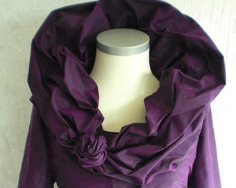 Silk dress with bolero and removable collar in purple/violet/aubergine