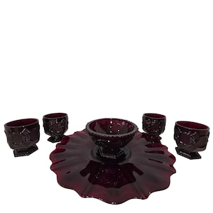 Anchor Hocking Platter + 5pc Avon 1876 Cape Cod Ruby Red Glass Bowl & 4 Glasses