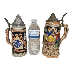 May include: Two decorative beer steins with metal lids and handles. One stein is navy blue with a crest and anchor design. The other stein has a tan base with a painted scene of people dancing. A clear plastic water bottle is between the steins.