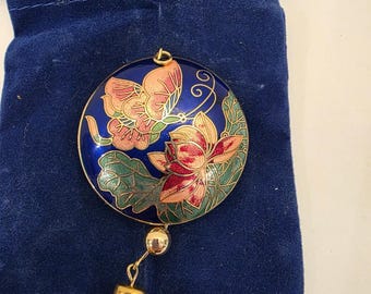 Vintage Floral Butterfly Cloisonne Tassel Pendant Necklace w Pouch Jewlery purse