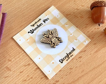 Bumblebee wooden pin- Wooden Pins - Wooden handmade pin- cottage core pin - handmade pins- wooden handmade pins-wooden badges
