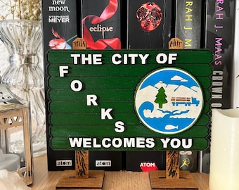 The City of Forks Welcomes You- Miniature Sign- Twihard Merch Decor, Wooden Sign, Bookish Sign, Bookish merch, Standing Wooden Sign, Fall