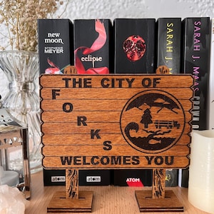 Pode incluir: Uma placa de madeira com as palavras "The City of Forks Welcomes You" em letras pretas. A placa tem uma imagem estilizada de uma árvore, um lago e um carro. A placa está em dois suportes de madeira.