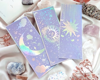 Pack of 3 bookmarks(450gsm thick) lavender and holographic silver bookmarks, bookmark Set, witchy bookmarks, lavender and silver bookmarks