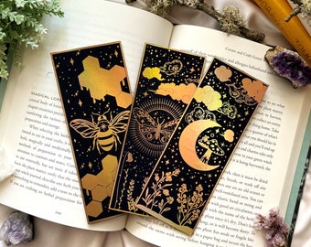 Bookmarks Set of 3 (450gsm), bookmarks gold foil, celestial bookmarks, moon bookmarks, celestial bookmarks moon and stars gold foiled, gifts