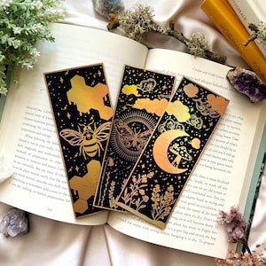 Bookmarks Set of 3 (450gsm), bookmarks gold foil, celestial bookmarks, moon bookmarks, celestial bookmarks moon and stars gold foiled, gifts