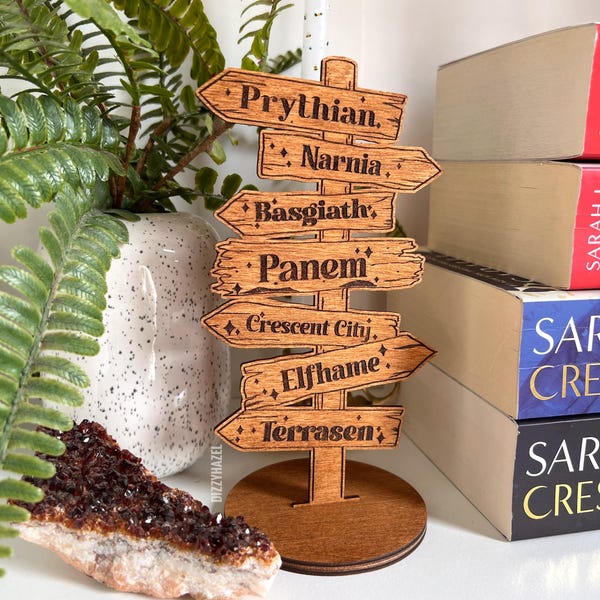 Bookshelf decoration,Wooden Sign, Standing Wooden Signposts, laser engraved, literary places inspired by literature,bookish, book gifts