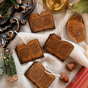 May include: Four wooden book ornaments with text from the Chronicles of Narnia. The ornaments are in the shape of open books with brown wood grain and black text. The titles of the books are "The Boy Who Lived", "The Last Battle", "The Tribute", and "A Wardrobe".