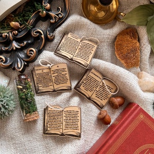 May include: Four small wooden book ornaments with black text on a white fabric background. The books are open and have different titles: "The Boy Who Lived", "A Wizard's Guide", "An Unexpected Party", and "That's Strange".