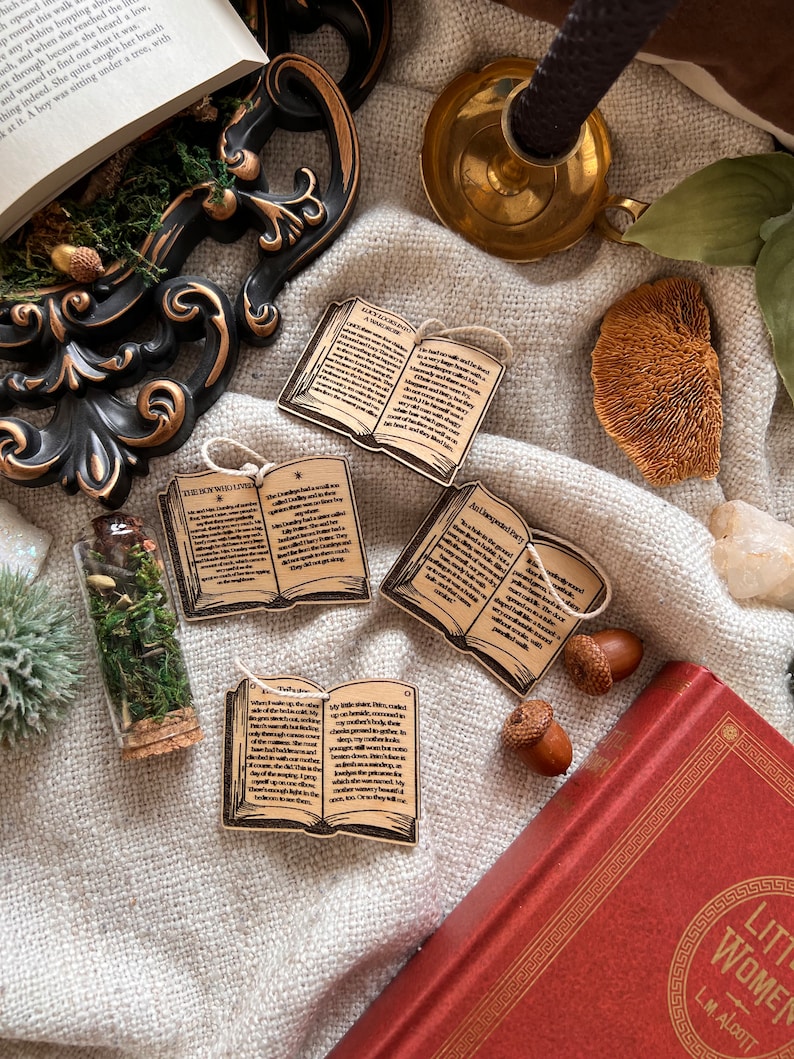 May include: Four small wooden book ornaments with black text on a white fabric background. The books are open and have different titles: "The Boy Who Lived", "A Wizard's Guide", "An Unexpected Party", and "That's Strange".