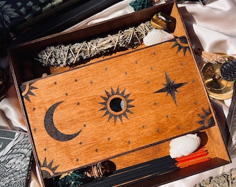 Tarot box holder, Sun and Moon Tarot Box, Tarot Card Storage, Major Arcana Tarot Box, Wooden Tarot Crystal Box