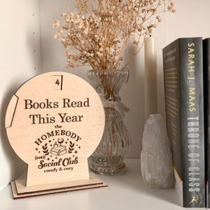 Puede incluir: Un letrero de madera con el texto "Books Read This Year" y "the HOMEBODY Social Club comfy & cozy" se muestra en una estantería. Un jarrón de cristal con flores secas, dos velas y dos libros también están en la estantería.