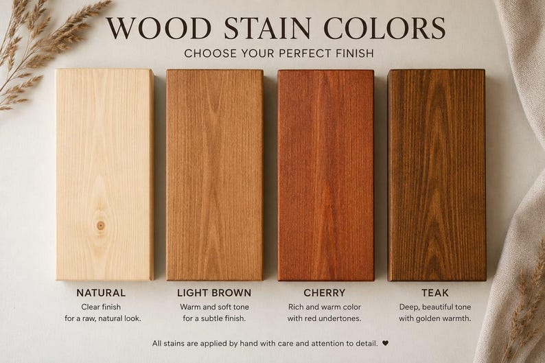Puede incluir: Cuatro muestras de madera rectangulares dispuestas en fila, con el texto WOOD STAIN COLORS y CHOOSE YOUR PERFECT FINISH. Las muestras muestran cuatro acabados distintos: Natural, Light Brown, Cherry y Teak, cada uno con veta visible.