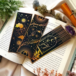 Bookmarks Set of 3 (450gsm), bookmarks gold foil, celestial bookmarks, moon bookmarks, celestial bookmarks moon and stars gold foiled, gifts