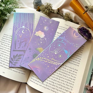 Bookmarks Set of 3 (450gsm), bookmarks gold foil, celestial bookmarks, moon bookmarks, lavender bookmarks holograpic