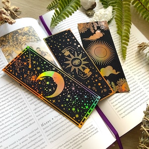 Bookmarks Set of 3 (450gsm), bookmarks gold foil, celestial bookmarks, moon bookmarks, celestial bookmarks moon and stars gold foil bookmark