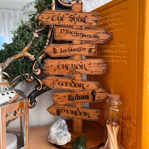 Puede incluir: Un poste de se&ntilde;alizaci&oacute;n de madera con siete tablones horizontales con texto grabado que apunta a The Shire, Misty Mountains, Lothlorien, Erebor, Gondor, Rohan y Mordor. La estructura de madera marr&oacute;n se apoya sobre una base circular de madera.