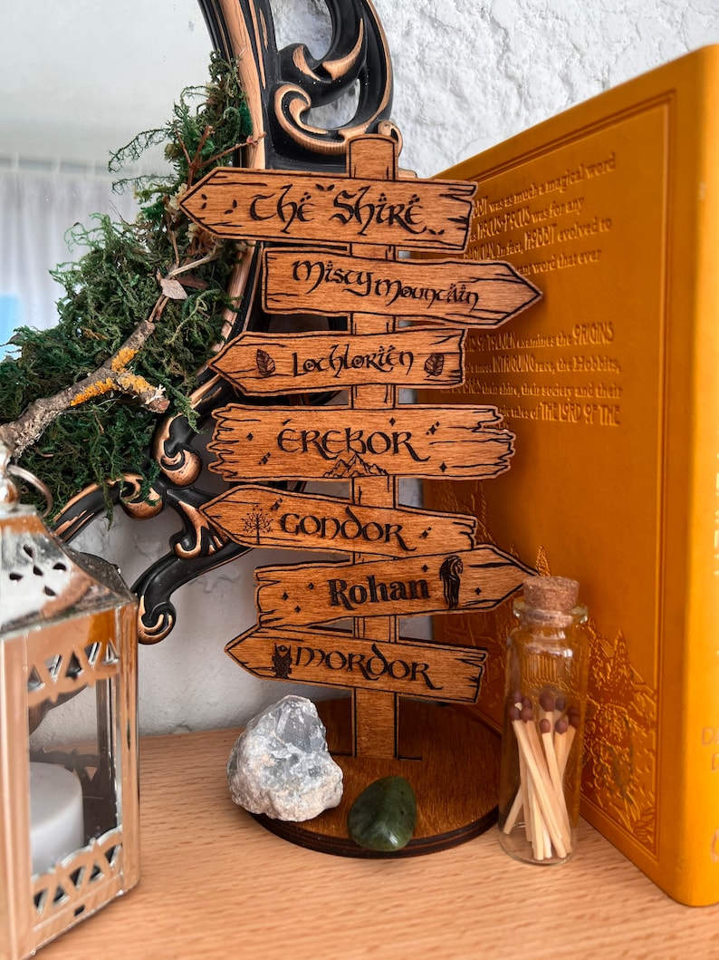 Puede incluir: Un poste de se&ntilde;alizaci&oacute;n de madera con siete tablones horizontales con texto grabado que apunta a The Shire, Misty Mountains, Lothlorien, Erebor, Gondor, Rohan y Mordor. La estructura de madera marr&oacute;n se apoya sobre una base circular de madera.