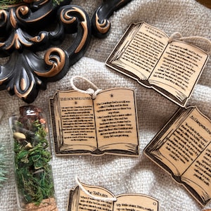 May include: Four wooden book-shaped ornaments with text from the Harry Potter series. The ornaments are decorated with a star and a small illustration of a book. The text on the ornaments includes "The Boy Who Lived", "Lucy Looks Into A Wardrobe", "The Tributes", and "An Unexpected Party".