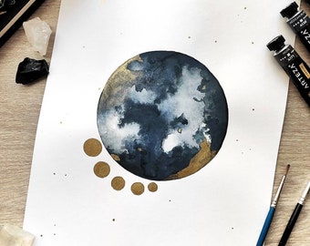 Gold Moon Phases Prints, Hand painted watercolor crystal moon, dreamy moons watercolors, moons dark blue gold moon