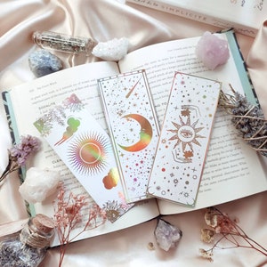 White Bookmarks Set of 3 (450gsm), bookmarks gold foil, celestial bookmarks, moon bookmarks, celestial bookmarks moon and stars gold foiled