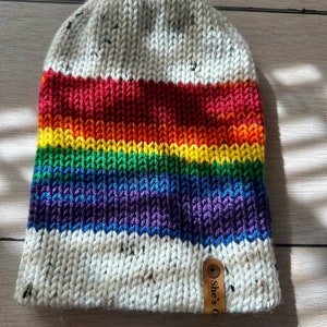 Rainbow Knit PRIDE Hat Gay PRIDE Beanie Slouchy Hat LGBTQIA White Tweed &Rainbow