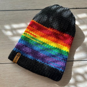 Rainbow Knit PRIDE Hat Gay PRIDE Beanie Slouchy Hat LGBTQIA Black & Rainbow