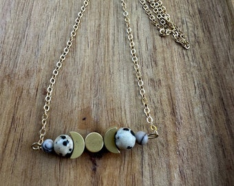 Dalmatian Jasper Moon Phase 14k Gold Filled Necklace | Devine Feminine Moon Necklace | Black & White Moon Phase Necklace