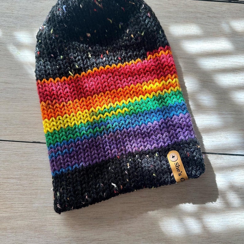 Rainbow Knit PRIDE Hat Gay PRIDE Beanie Slouchy Hat LGBTQIA BlackTweed&Rainbow