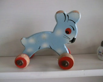 Dog on wheels pull-on animal 50s wooden dog vintage