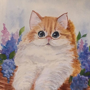 Conjunto de 3 gatinhos em cesta aquarela flor cartão flor lilás, pintado à mão