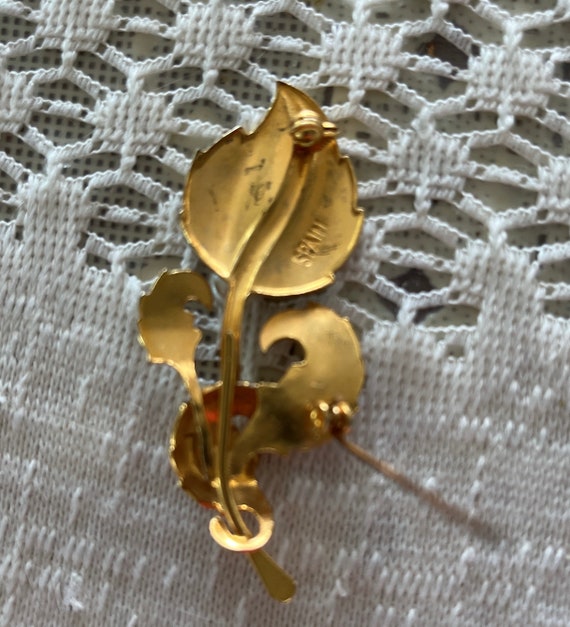 Vintage 60's Damascene leaf/floral brooch with fa… - image 5