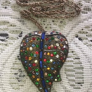 Vintage Multi-Colored Rhinestone Leaf/Heart Pendant on a 1/20 12k Gold Filled 18 in Chain
