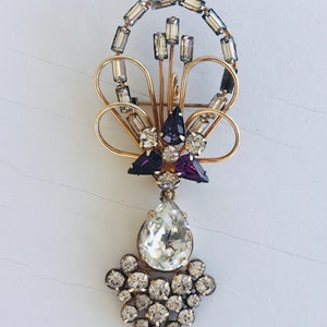 Vintage Rare D’eri Gold Filled Dangling Amethyst and Clear Rhinestone Pendant Brooch