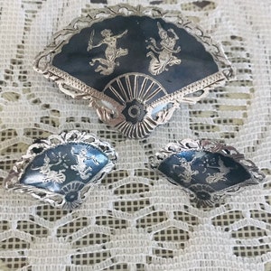 Vintage Siam Sterling Nielloware Fächer Brosche und Ohrschrauben Set