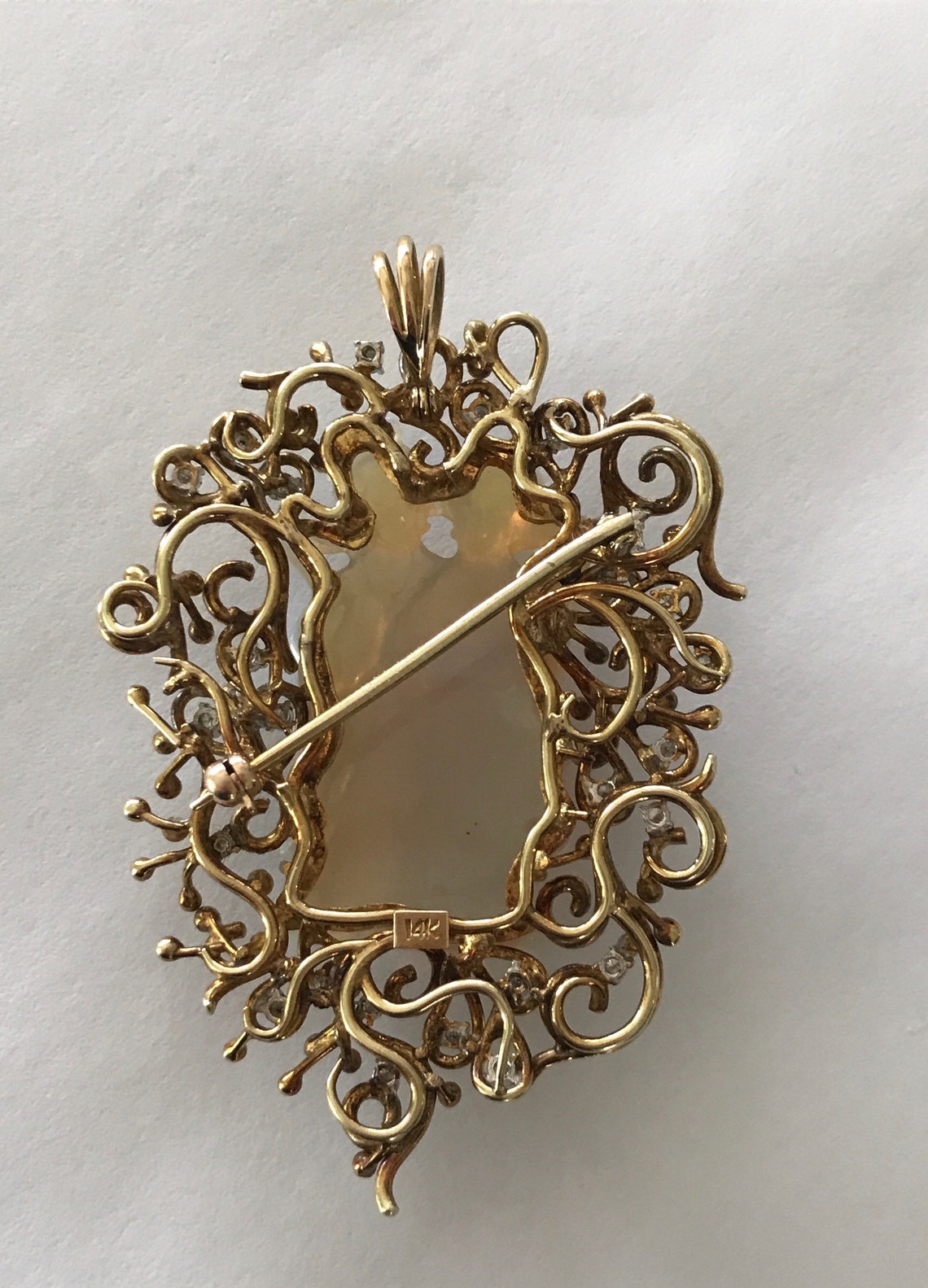 Vintage Large 14K Carved Jelly Opal and Diamond Pendant Brooch | Etsy