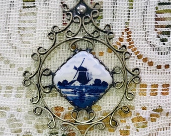Large Vintage Porcelain Windmill Blue and White Pendant