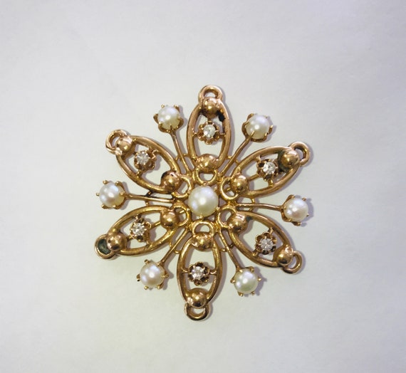 Vintage 14k Large Diamond and Pearl Pendant/Brooch - image 1