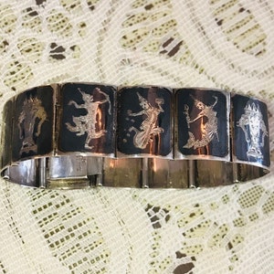 Vintage Siam Sterling Nielloware Bracelet with 12 Panels