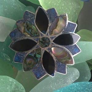 Vintage TAXCO Mexico Sterling Abalone and Onyx Inlay Pendant Brooch