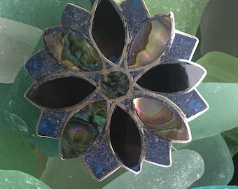 Vintage TAXCO Mexico Sterling Abalone and Onyx Inlay Pendant Brooch