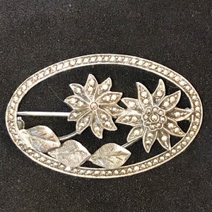 Vintage Sterling Marcasite Floral Brooch