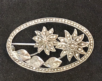 Vintage Sterling Marcasite Floral Brooch