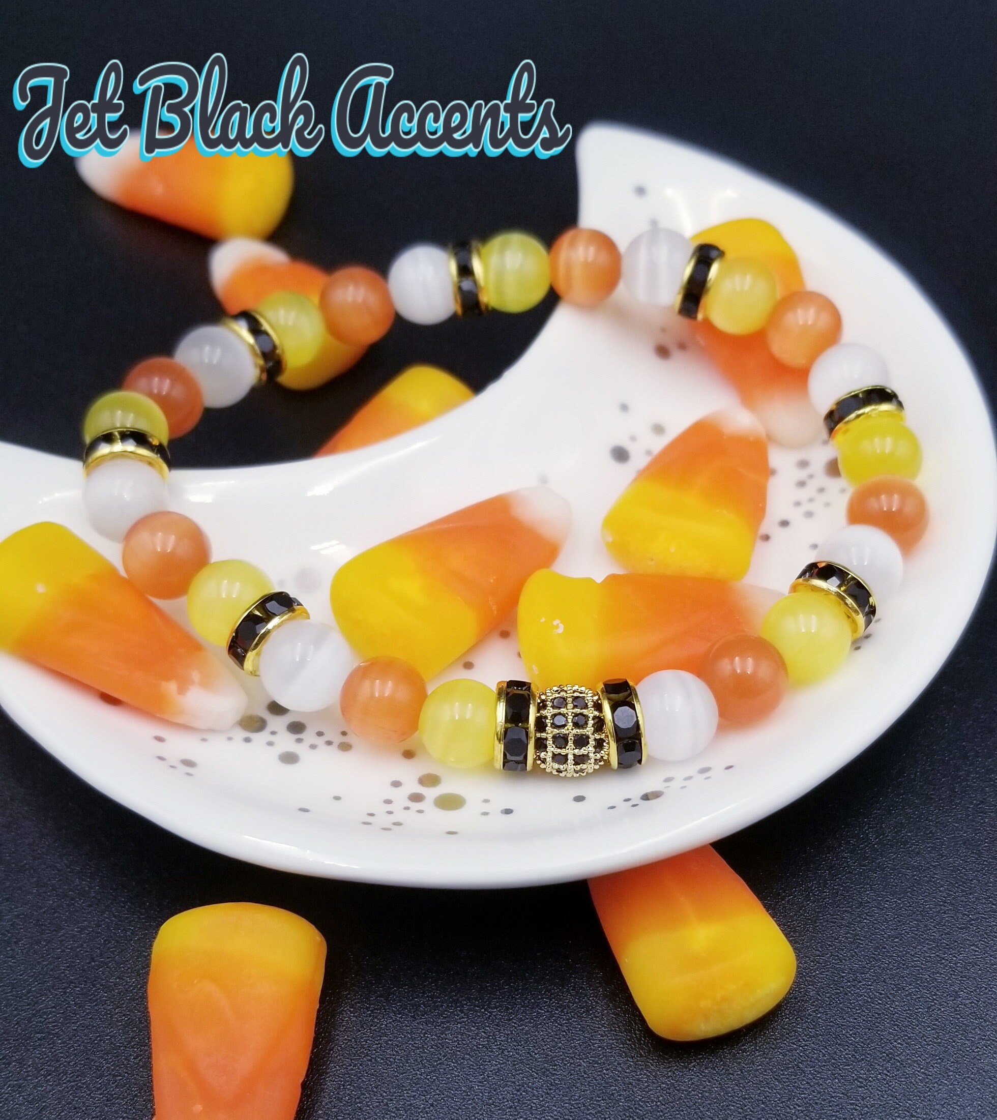 HALLOWEEN/AUTUMN/FALL NECKLACE/ EARRING SET-CANDY CORN-GLASS 24"-HANDCRAFTED#784 
