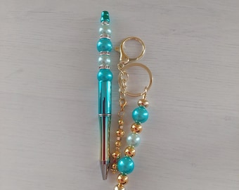 Schlüsselanhänger und Kugelschreiber mit Perlen, Blau