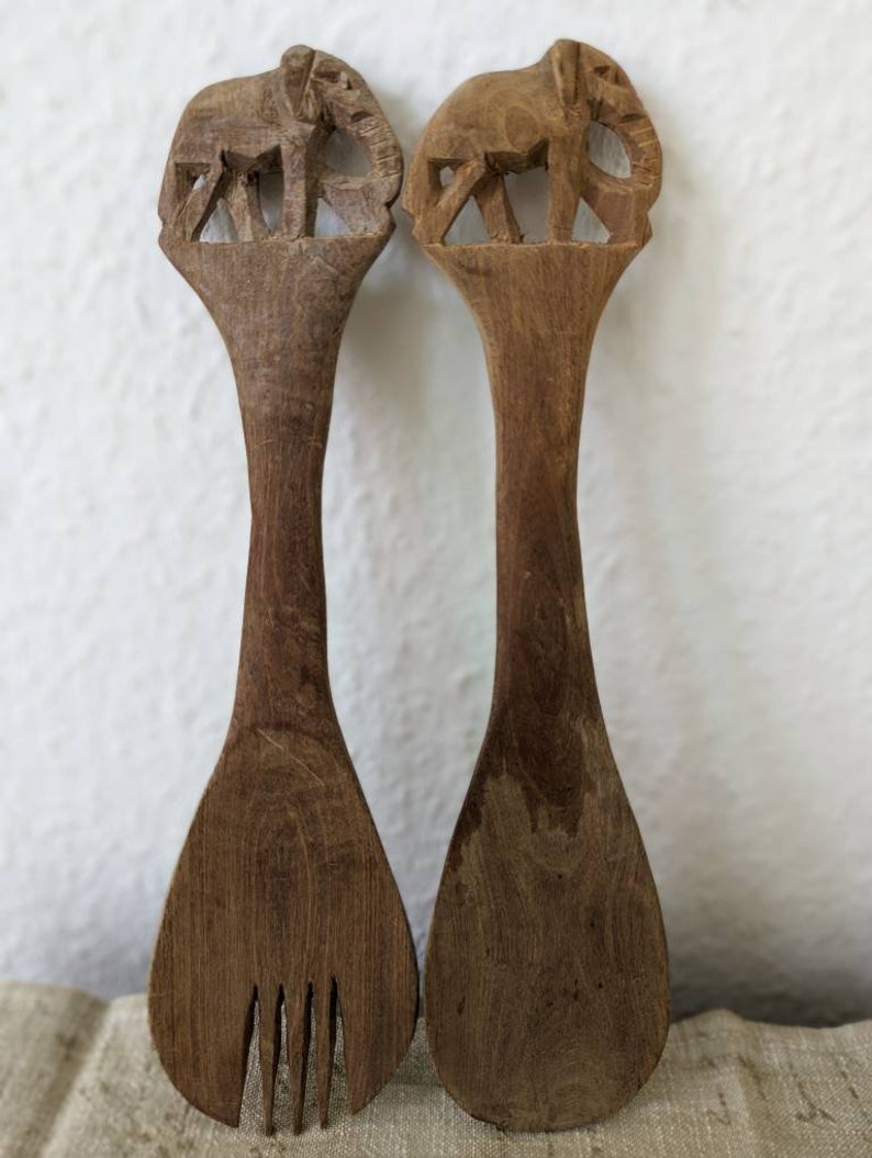 Éléphants cuillère en bois sculptés à la main Afrique Shabby chic image 2