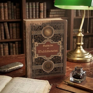 Könnte beinhalten: Ein gebundenes Buch mit dem Titel Geschichte der Weltlitteratur und einem verzierten schwarz-goldenen Einband. Das Buch steht aufrecht neben einem aufgeschlagenen Register, einem gläsernen Tintenfass mit Federhalter und einer grünen Bankierlampe.